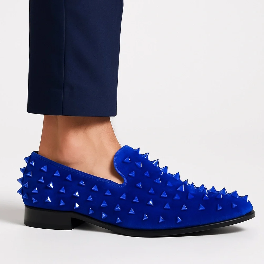 New MetroCharm Men’s Blue Velvet Spike Loafers Dress Tuxedo Shoes Size 10.5